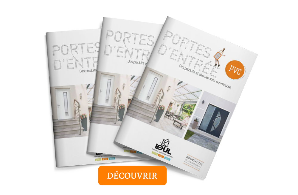 Trois catalogues PVC LEUL Menuiseries avec un bouton Découvrir