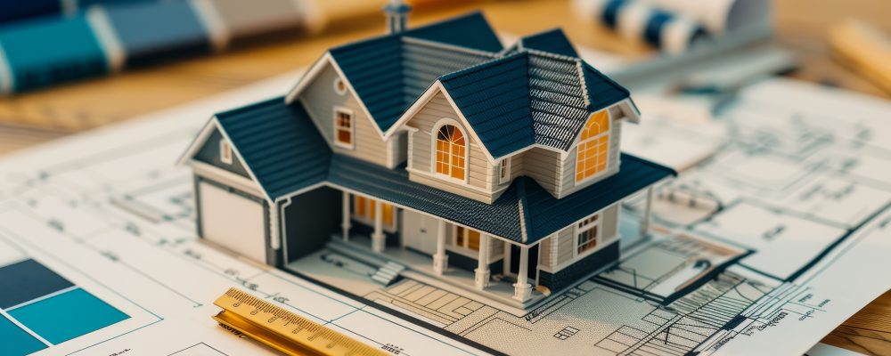 Home design blueprint and paint palette for new architecture and interior concept