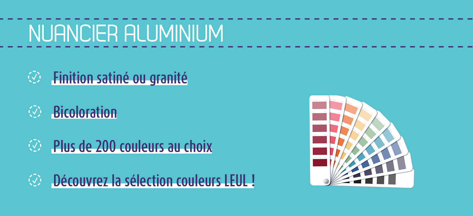 Nuancier aluminium présentant les finitions, la bicoloration et plus de 200 couleurs disponibles